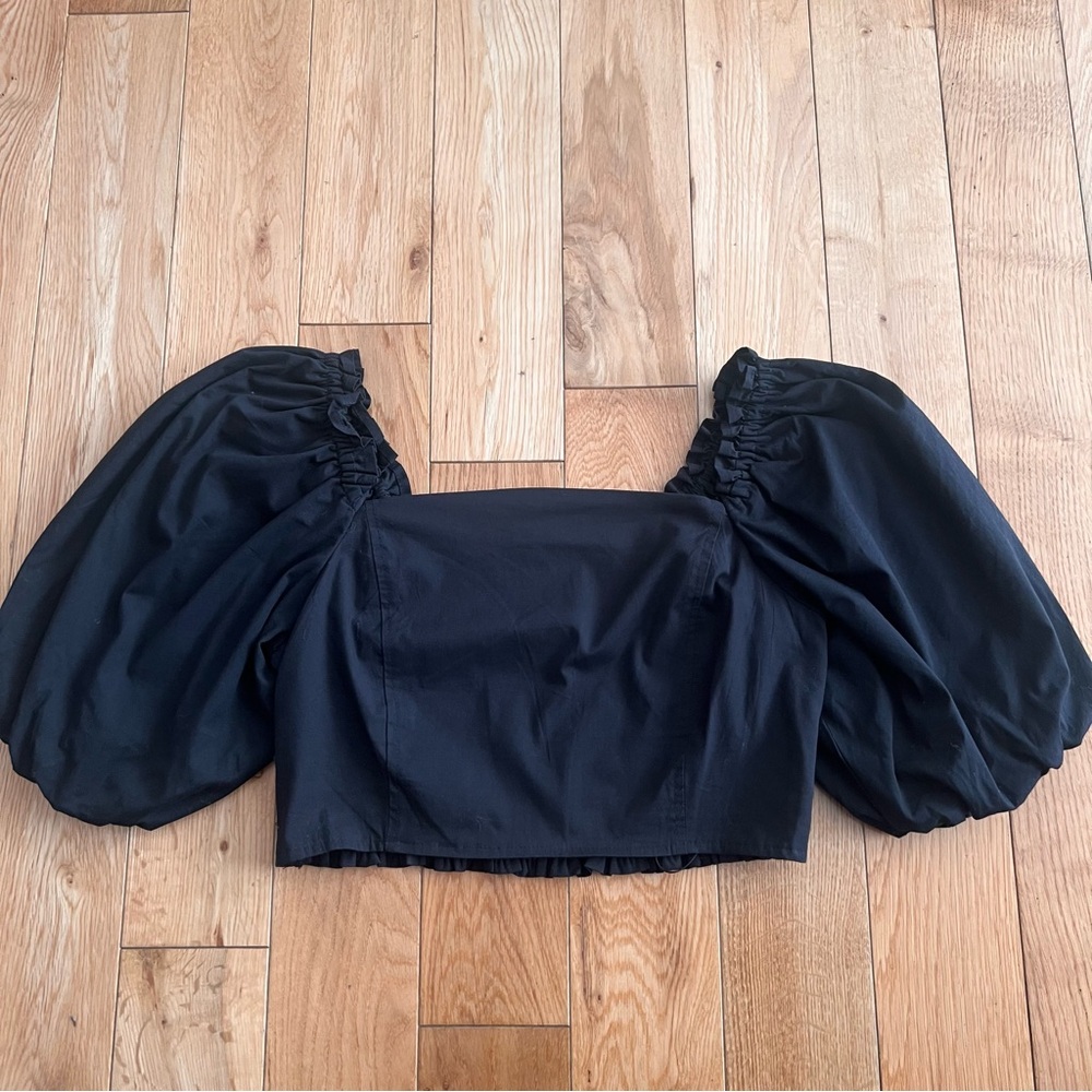 JASON WU Puff Sleeve Black Smocked Cropped Square Neck‎ Top Size Small